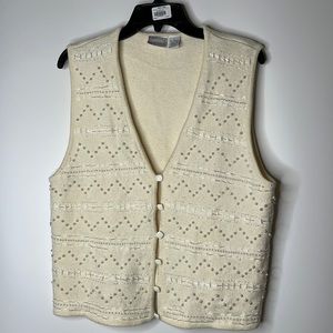 Hasting & Smith Womens Cream Beaded Lambswool Blend Button Sweater Vest L LARGE